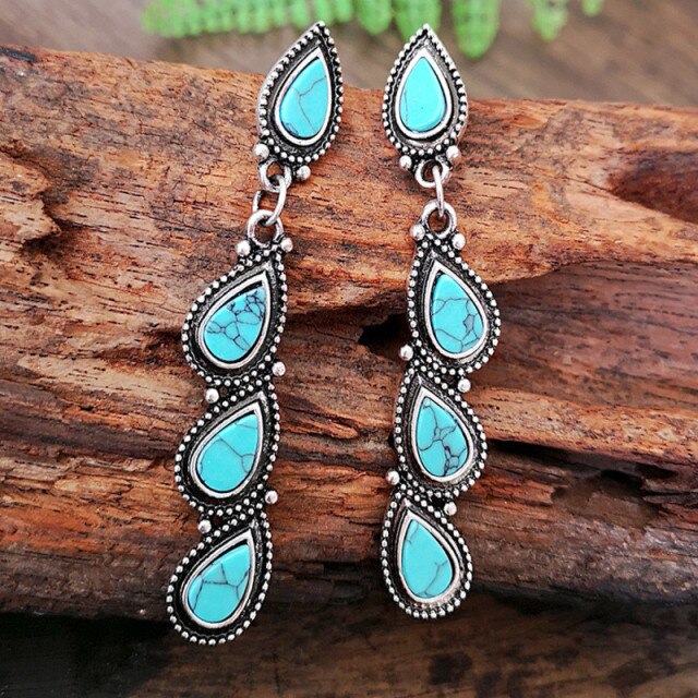 sengpan Christmas gifts for her hot sale new Vintage Indian Tribal Green Resin Dangle Earrings Bohemian Big Long Hollow Drop Earrings For Women Hippie Brincos Jewelry