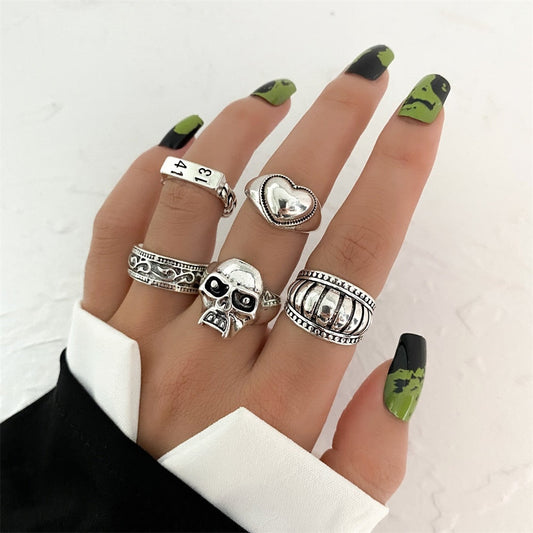 sengpan Vintage Silver Color Skull Heart Rings Set For Women Men Gothic Chain Retro Rings Trend Fashion Jewelry