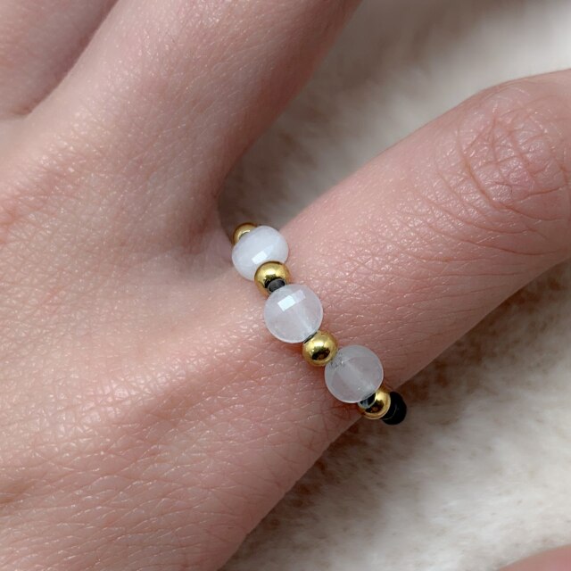 sengpan Simple Classic Natural Stone Rings with Silver and Gold Color Stainless Bead for Women Wedding  Gifts for Girls Wholesale Prices