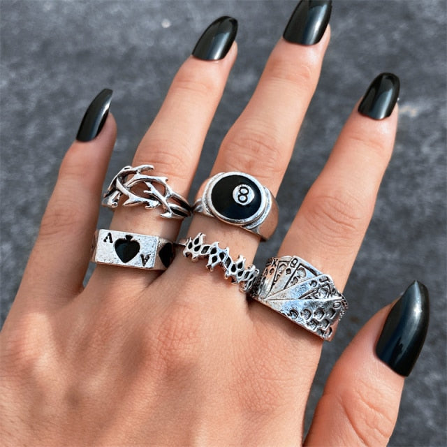 sengpan gifts for women  Punk Gothic Heart Ring Set for Women Black Dice Vintage Spades Ace Silver Plated Retro Rhinestone Charm Billiards Finger Jewelry