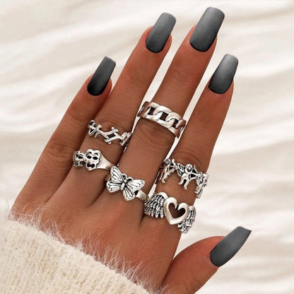 sengpan gifts for women  Punk Gothic Heart Ring Set for Women Black Dice Vintage Spades Ace Silver Plated Retro Rhinestone Charm Billiards Finger Jewelry