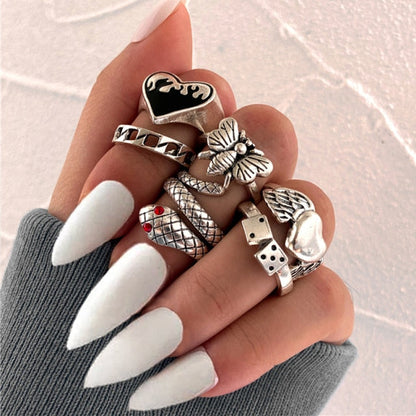 sengpan gifts for women  Punk Gothic Heart Ring Set for Women Black Dice Vintage Spades Ace Silver Plated Retro Rhinestone Charm Billiards Finger Jewelry