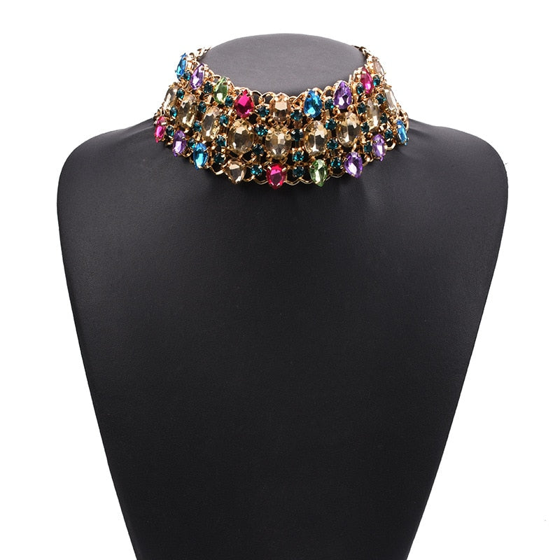 sengpan Luxury Crystal Rhinestone Choker Necklaces Big Bib Large Collar Maxi Statement Necklace Women Boho Ethnic Indian Wedding Jewelry