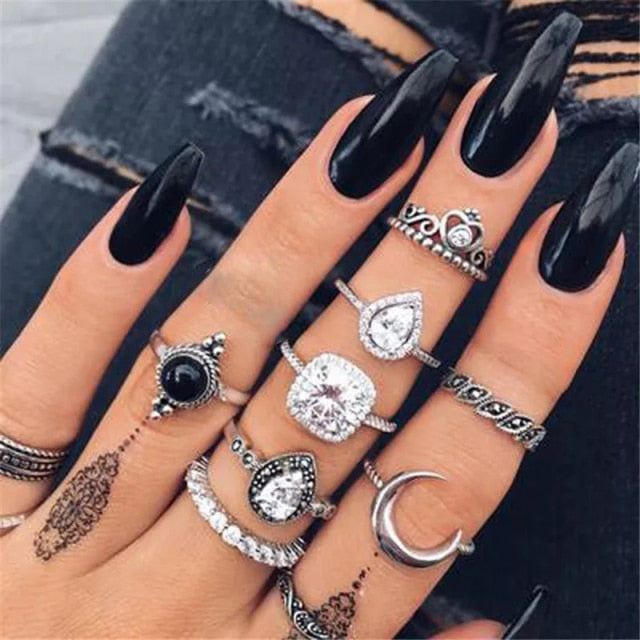 sengpan bridal jewelry set for wedding 10 Style Black Opal Stone Crown Flower Elephant Crescent Ring Set for Women Metal Knuckle Rings Jewelry Accessories