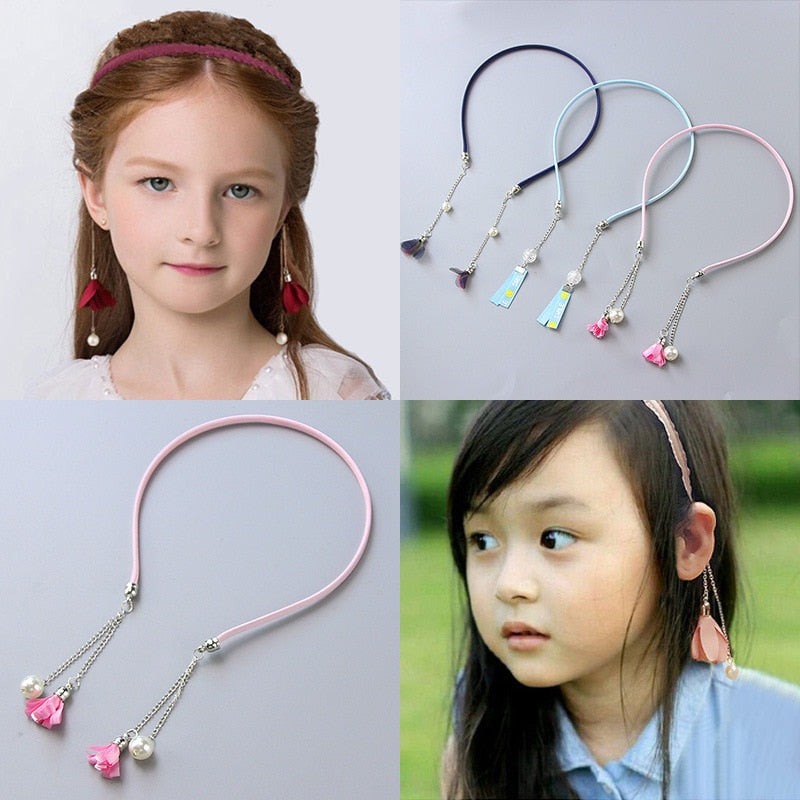 sengpan Children's Super Fairy Pearl hairband cute Korean Lady Princess tassel headband girl with fake earrings hairclip hair accessories