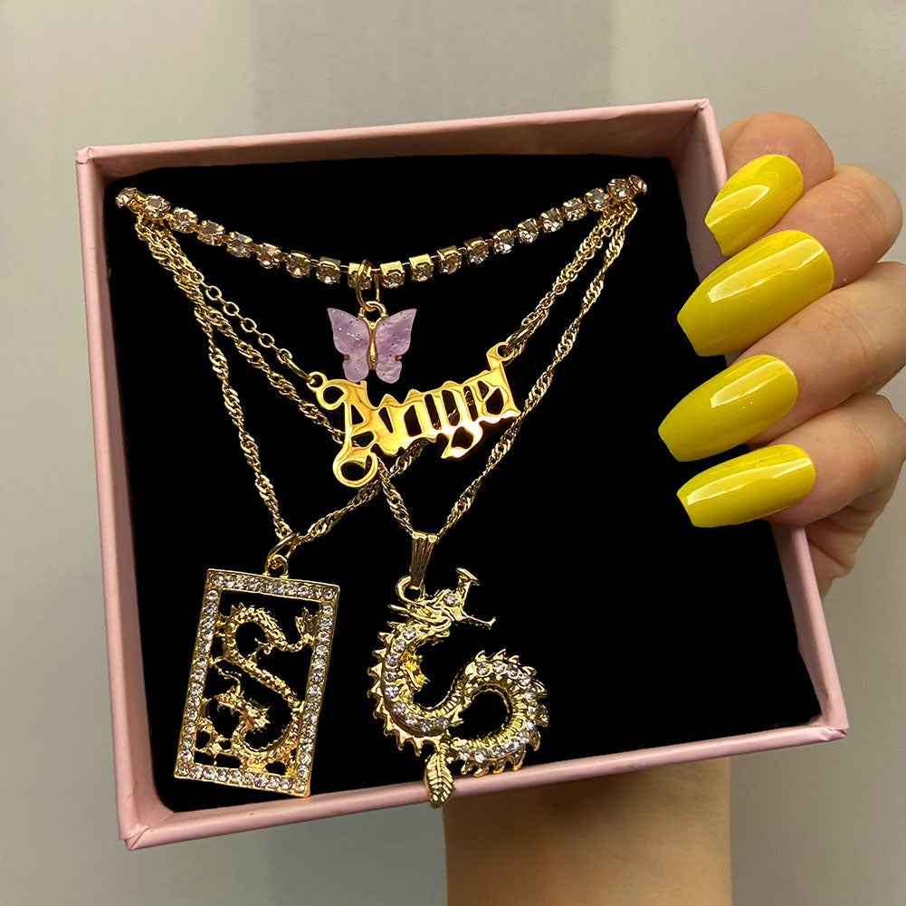 sengpan  gifts for her  New Multi Layer Butterfly Dragon Charms Crystal Necklaces For Women Punk Golden Angel Letter Clavicle Chain Hiphop Gifts Jewelry