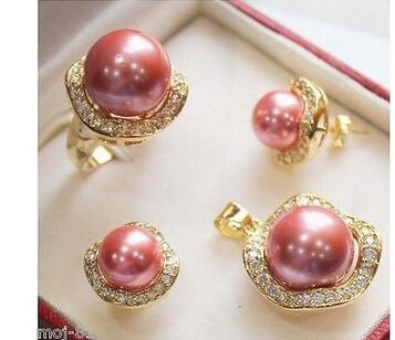 sengpan gifts for women fine Nobility 10mm &14mm Pink South Sea Shell Pearl Earrings Ring 6-9# Pendant Jewel Set Crystal Women Wedding