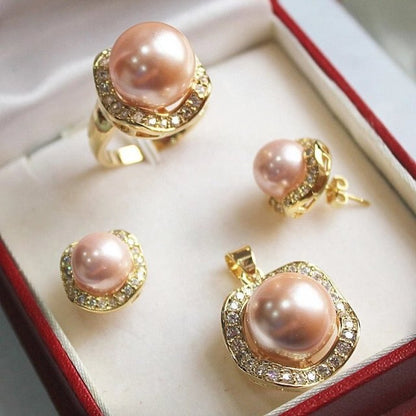 sengpan gifts for women fine Nobility 10mm &14mm Pink South Sea Shell Pearl Earrings Ring 6-9# Pendant Jewel Set Crystal Women Wedding