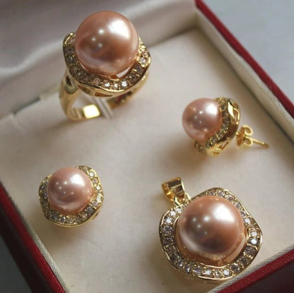 sengpan gifts for women fine Nobility 10mm &14mm Pink South Sea Shell Pearl Earrings Ring 6-9# Pendant Jewel Set Crystal Women Wedding