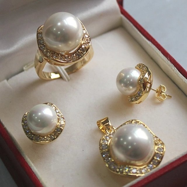 sengpan gifts for women fine Nobility 10mm &14mm Pink South Sea Shell Pearl Earrings Ring 6-9# Pendant Jewel Set Crystal Women Wedding