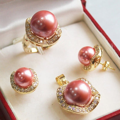 sengpan gifts for women fine Nobility 10mm &14mm Pink South Sea Shell Pearl Earrings Ring 6-9# Pendant Jewel Set Crystal Women Wedding