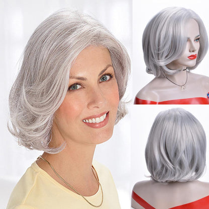 sengpan Mother's Wig Gray Color Curly Bob Wigs Women's Fashion Heat Resistant Short Synthetic Natural  Wavy Hair Wigs for Mommy Peluca