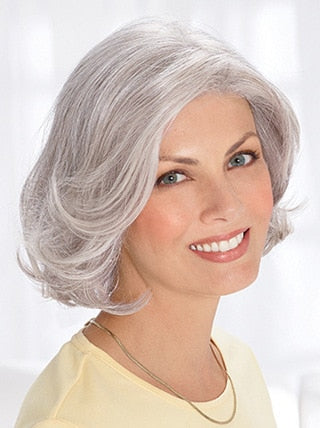 sengpan Mother's Wig Gray Color Curly Bob Wigs Women's Fashion Heat Resistant Short Synthetic Natural  Wavy Hair Wigs for Mommy Peluca