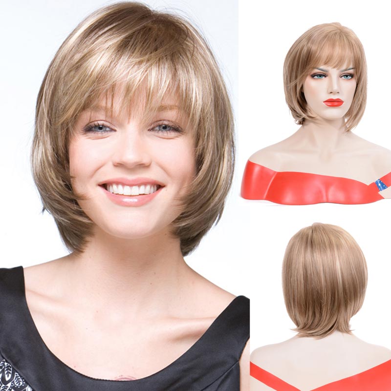 sengpan  Christmas Women's Fashion Bob Wigs Straight Short Brown Hair Heat Resistant Synthetic Wigs with Bangs Natural Full Wig Pelucas