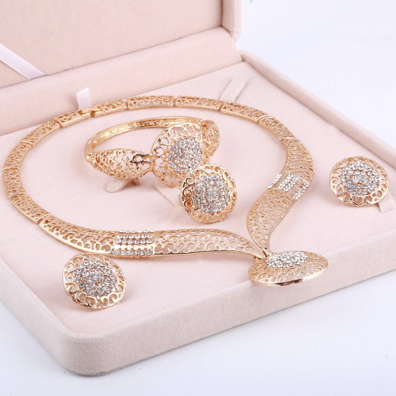 sengpan western jewelry for women Halloween gift Women Delicate Gold Bridal Jewelry Sets Rhinestone Pendant Collar Bracelet Crystal Earrings Rings Wedding Accessories