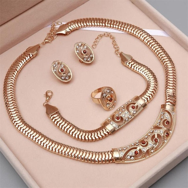 sengpan western jewelry for women Halloween gift Women Delicate Gold Bridal Jewelry Sets Rhinestone Pendant Collar Bracelet Crystal Earrings Rings Wedding Accessories