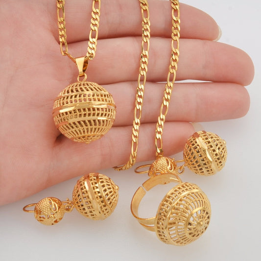 sengpan gifts for her Anniyo African Beads Jewelry Sets Pendant Necklaces Earrings Ring Women Gold Color Round Ball Chains Papua New Guinea PNG #J0065