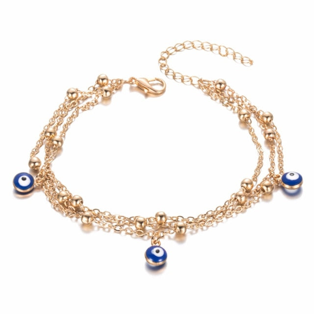 sengpan Bohemian Multi Layered Beads Ankle Bracelet for Women Leg Chain Blue Evil Eye Pendant Anklet Summer Beach Foot Jewelry