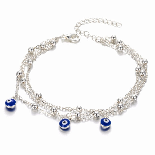 sengpan Bohemian Multi Layered Beads Ankle Bracelet for Women Leg Chain Blue Evil Eye Pendant Anklet Summer Beach Foot Jewelry