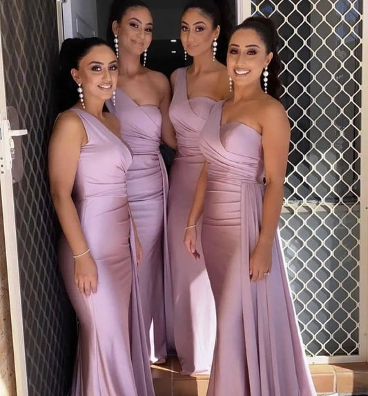 Blush Pink African One Shoulder Mermaid Bridesmaid Dresses Floor Length Wedding Guest Gowns Junior Maid Of Honor Dress Ribbon Elastic Satin Party Gown