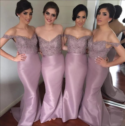 Lavender Mermaid Long Bridesmaid Dresses Off Shoulder Lace Pearl Sash Covered Button Prom Dress Custom Made Charming Wedding Guest Dresses