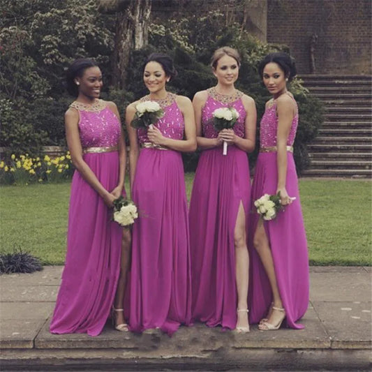 Greek Fuschia Split Slit Bridesmaid Dresses Stones Beaded Pearls Long Junior Maids of Honor Plus Size Chiffon Wedding Guest Gowns