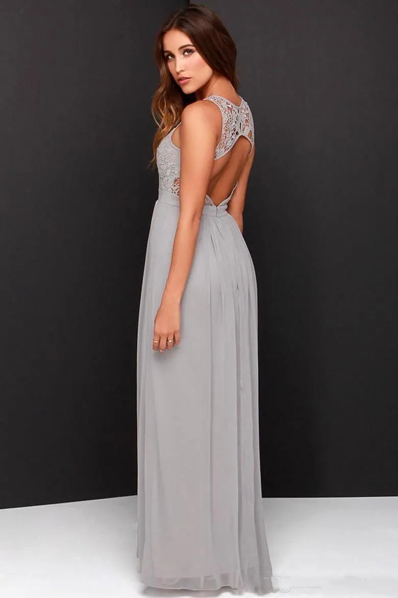 Country Grey Bridesmaid Dress for Wedding Long Chiffon A-Line Backless Formal Evening Dresses Lace Bridesmaid Party Gowns Wear