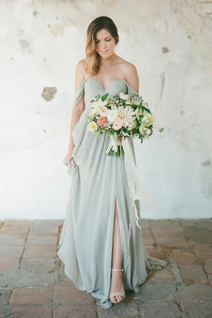 Sage Green Country Long Bridesmaid Dresses  Off Shoulder Sexy Slit Chiffon Skirt Boho Junior Wedding Guest Party Gown