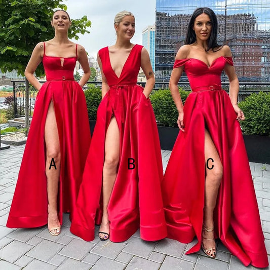 Sexy High Slit Red Bridesmaid Dresses Square Collar Spaghetti Strap Pocket A Line  Women Long Wedding Party Dress Vestidos