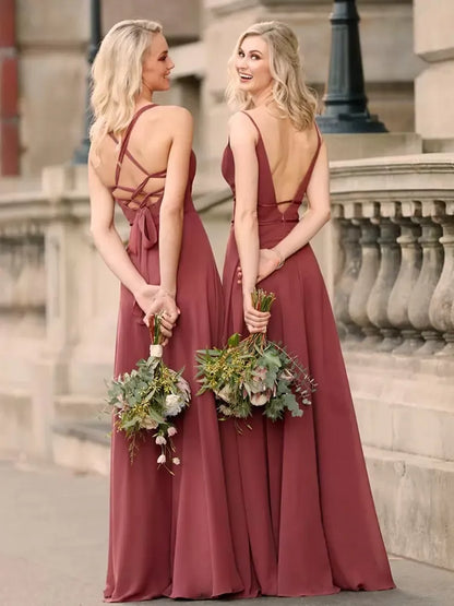 Dusty Rose Long Bridesmaid Dresses for Wedding Spaghetti V Neck Sweep Train Chiffon Maid of Honor Dress Evening Gowns M71