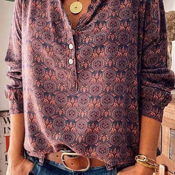 Vintage V-Neck Button Print Shirt(3 Colors)