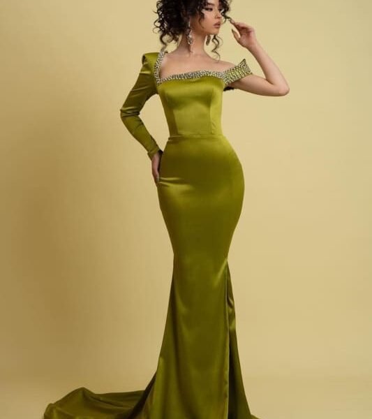 631. Sage Green Charmeuse One Shoulder Mermaid Prom Dress with Slit