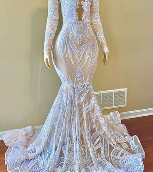 652. White Sequins Lace Mermaid Prom Dress with Long Sleeves