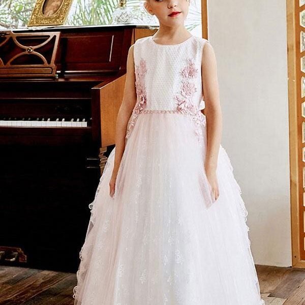 A-Line Sash Flower Girl Dresses Jewel Neck Lace Sleeveless  Kids Social Party Dresses