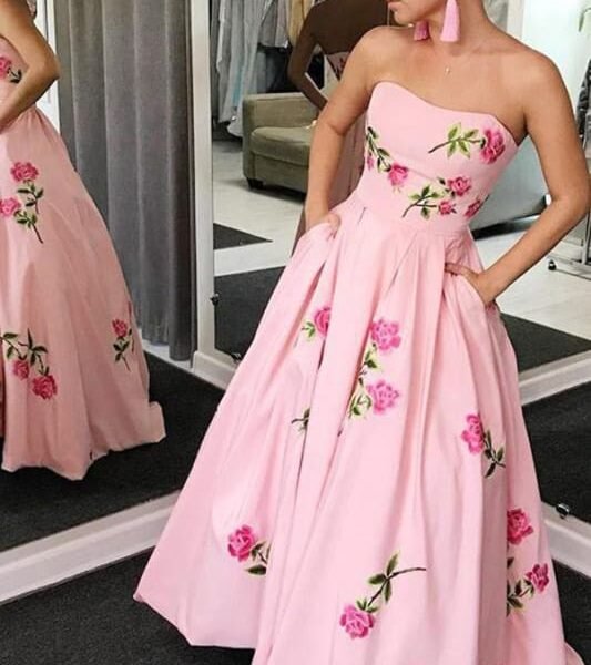 A Line Strapless Floor Length Printed Prom Dress Long Floral Evening Dresses