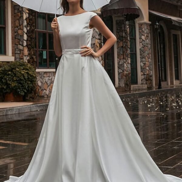 A-Line Wedding Dresses Court Train Sleeveless Sash Jewel Neck Bridal Gowns