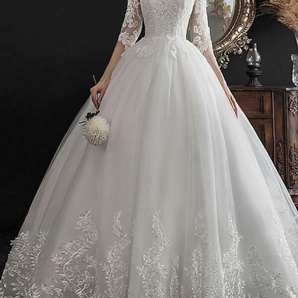 A-Line Wedding Dresses Jewel Neck Sweep  Brush Train Lace Half Sleeve Glamorous See-Through Illusion Sleeve
