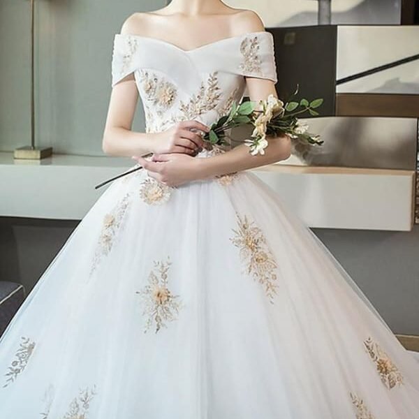 A-Line Wedding Dresses Off Shoulder Cathedral Train Lace Short Sleeve