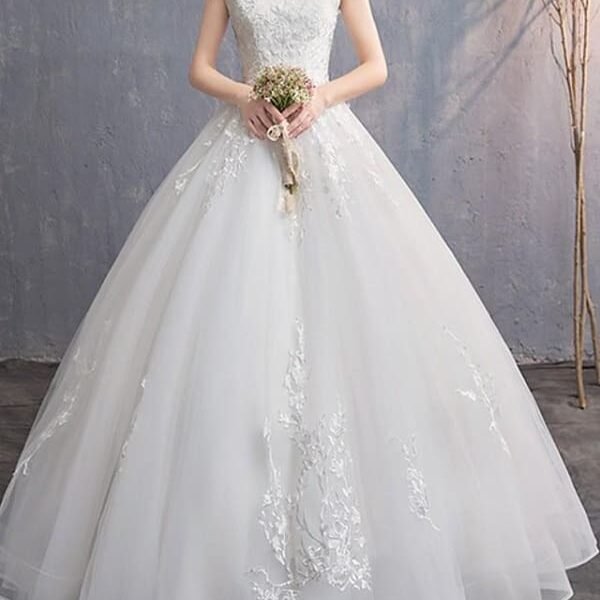 A-Line Wedding Dresses Off Shoulder Floor Length Tulle Cap Sleeve