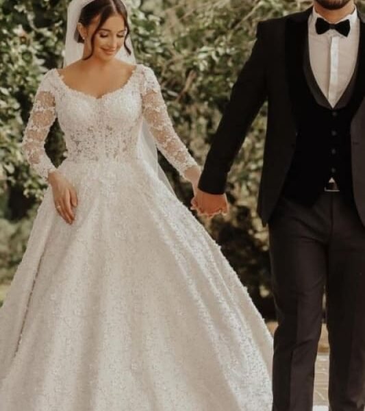 A line wedding dresses with sleeves Floral Lace Bridal Dress