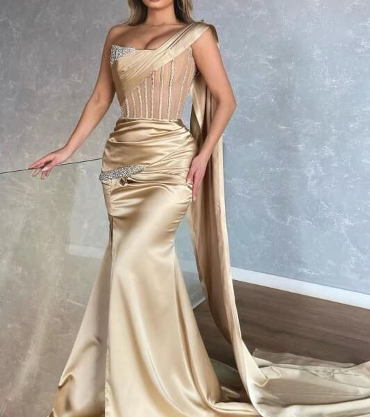 Amazing Champagne One-Shoulder Sleeveless Mermaid Prom Dress with Slit and Ruffles