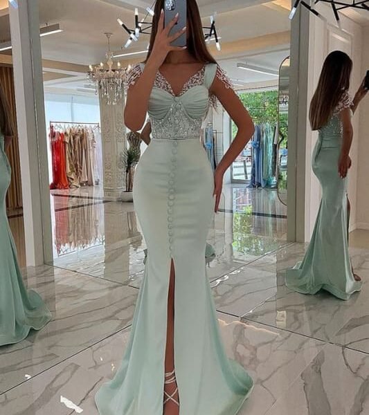 Amazing Mint Green Cap Sleeves Prom Dress Long with Buttons and Beads