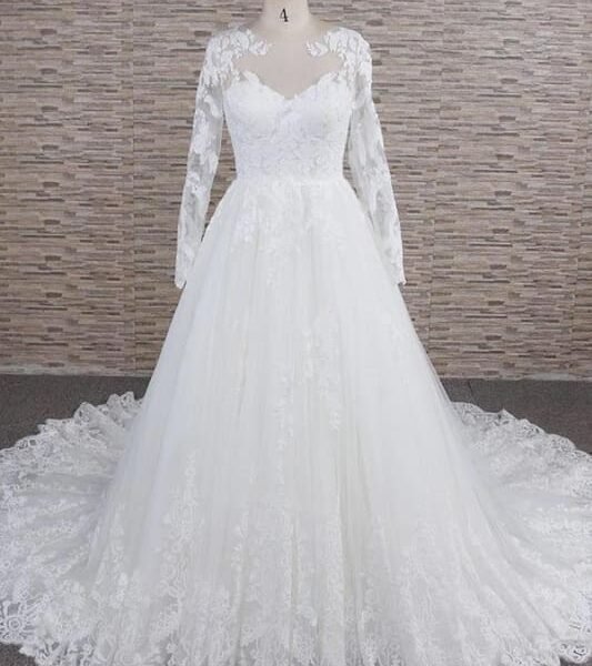 Awesome Applqiues Tulle Long Sleeve Wedding Dress