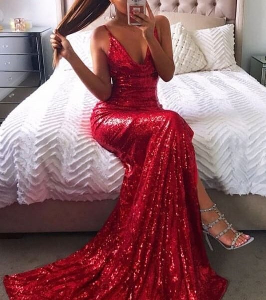 Backless Red Sequins Prom Dress