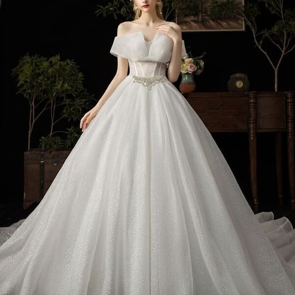 Ball Gown Wedding Dress 2021 Princess Silhouette Cathedral Train Off The-Shoulder Short Sleeves Natural Waist Beaded Sequined Bridal Dresses