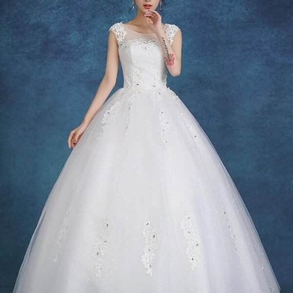 Ball Gown Wedding Dresses Scoop Neck Floor Length Satin Tulle Cap Sleeve Romantic See-Through Backless