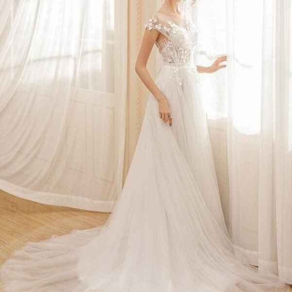 Beach Wedding Dress Bohemian Maxi Bridal Dresses Ivory Applique Illusion Open Back Summer Wedding Gowns