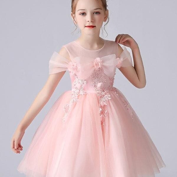 Beautiful Sleeveless Pink Flower Girl Dresses Jewel Neck Lace Short Pageant Dresses for Kids