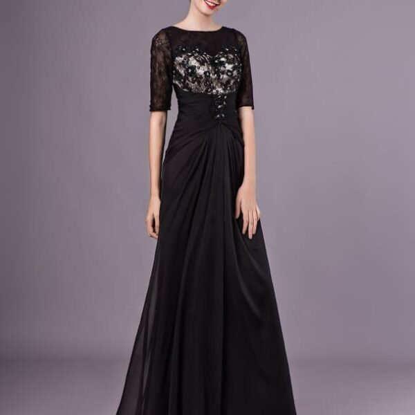 Black Evening Dresses Half Sleeves Lace Beading Chiffon Long Formal Dress