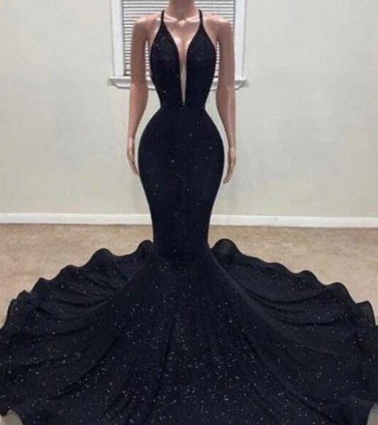 Black Halter Mermaid Prom Dress with Sequins